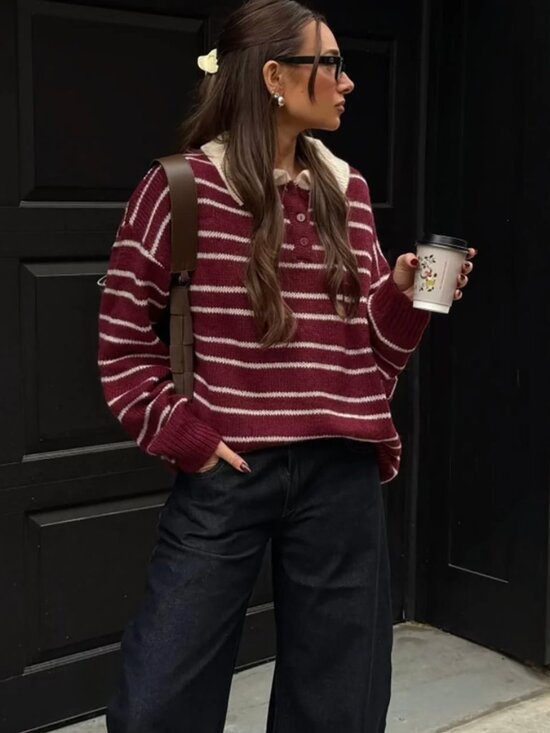 Lioness Sweaters - LIONNESS Rising Sun Stripe Jersey Knit Oversized Chunky Polo Sweater Crimson S/M